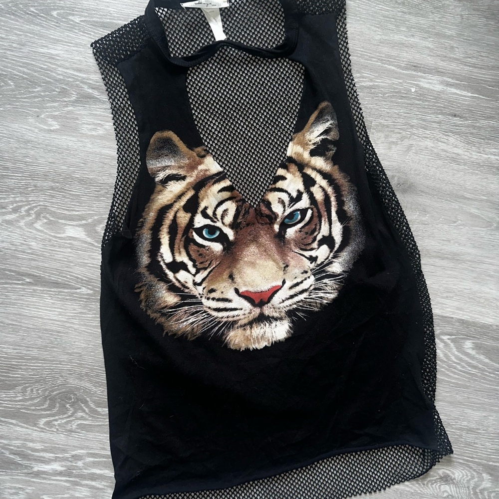 Black Mesh Tank Top with Tiger Face